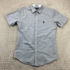 US Polo Assn. Shirt Men Small S Gray Blue Striped Button Down Short Sleeve